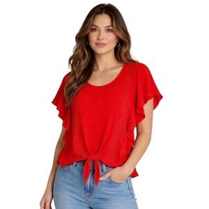IN STUDIO Petite Large Red Lace Trim Tie Front Flutter Sleeve Top Women PL